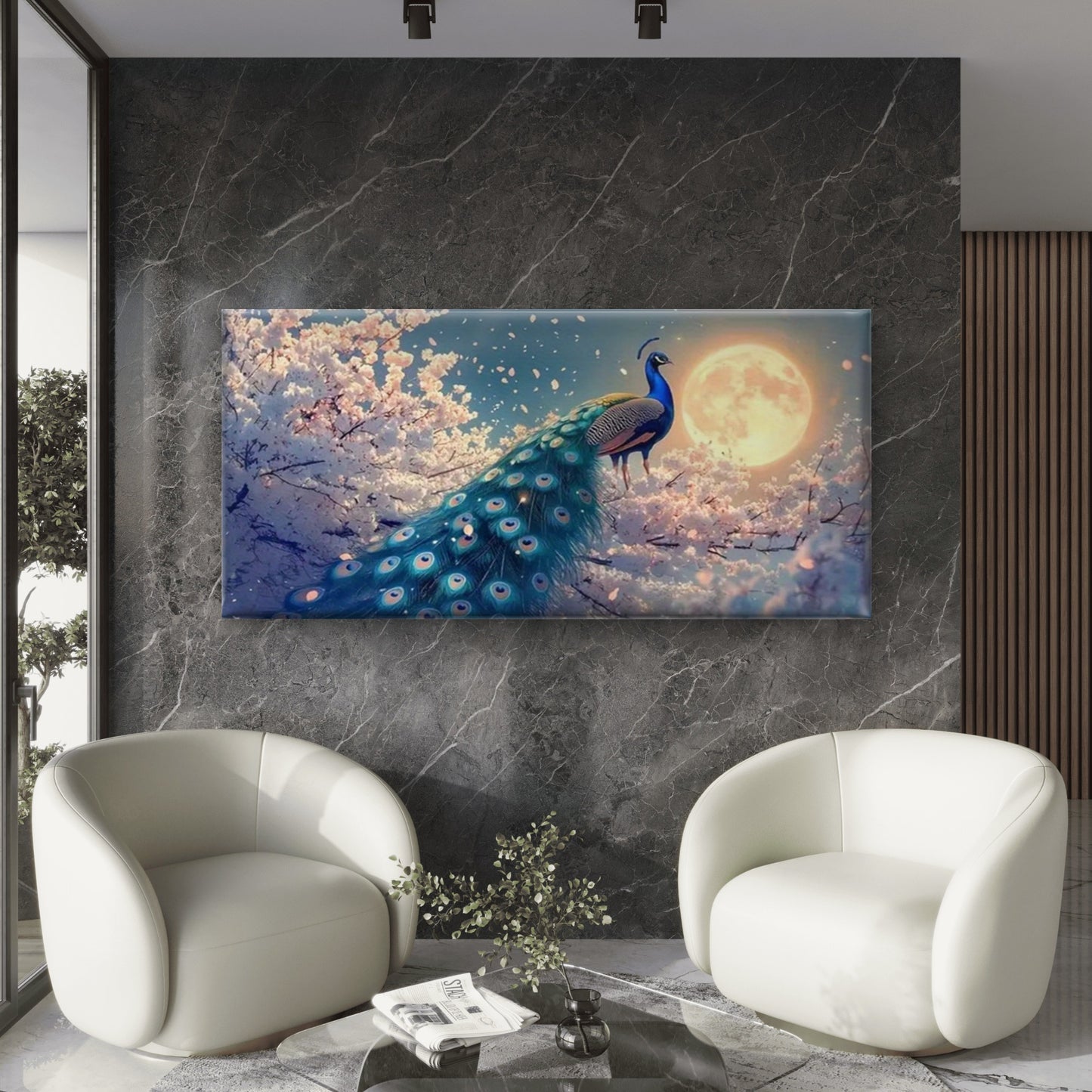 Peacock & Cherry Blossoms Wall Art Canvas Office Home Room Framed 120x60cm