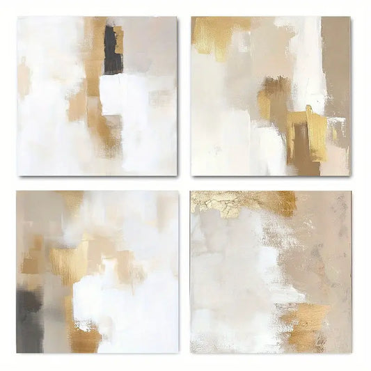 4pcs Beige Golden Abstract Square Elegant Wall Art Canvas Framed