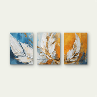3pcs Modern Abstract Blue Gold Feather  Wall Art Set Canvas Framed 50x70cm - High Quality Print 100% Australian Made Wall Canvas Ready to Hang