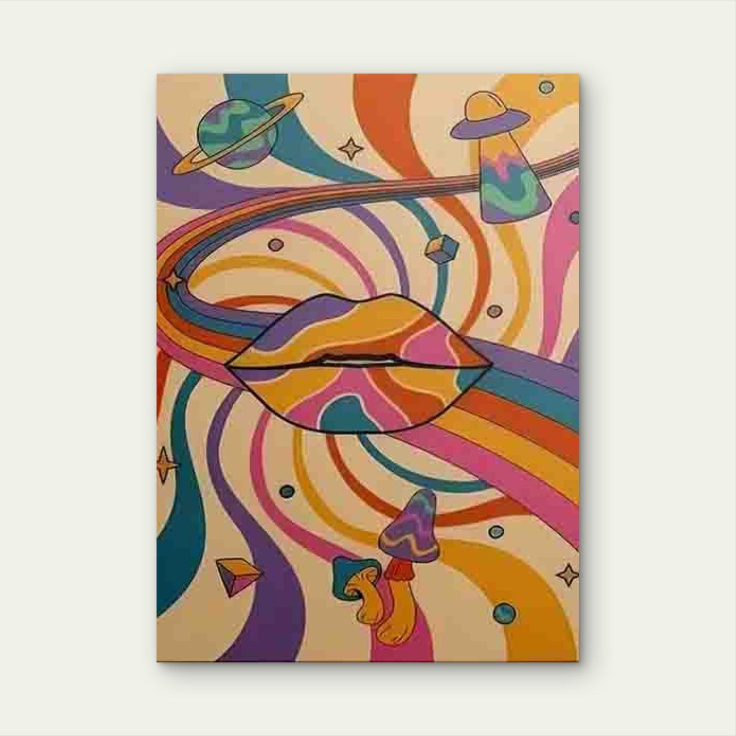 Psychedelic Lips with Swirls, Planets, UFO, Mushrooms 60x90cm Metal Print Ready to Hang - Bella Home Decor