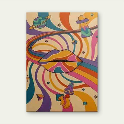 Psychedelic Lips with Swirls, Planets, UFO, Mushrooms 60x90cm Metal Print Ready to Hang - Bella Home Decor