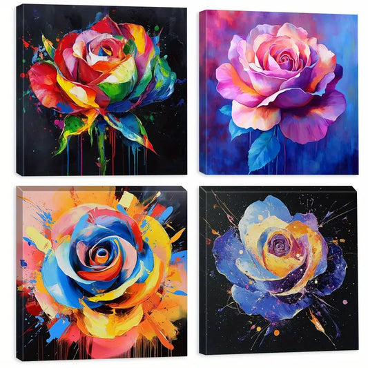 4pcs Rose Splashes Poster, Vibrant Colors Wall Art Canvas Framed