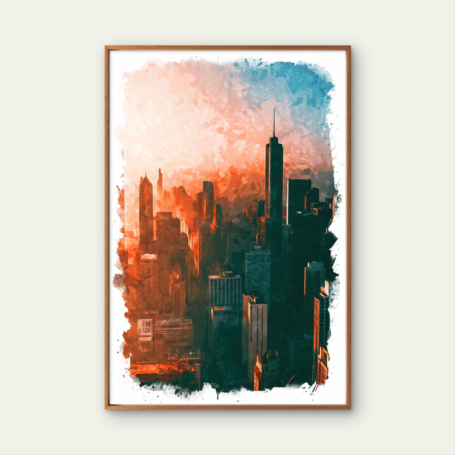Chicago USA City Skyline Orange Sunset Watercolor Travel Poster Print Wall Art