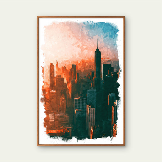 Chicago USA City Skyline Orange Sunset Watercolor Travel Poster Print Wall Art