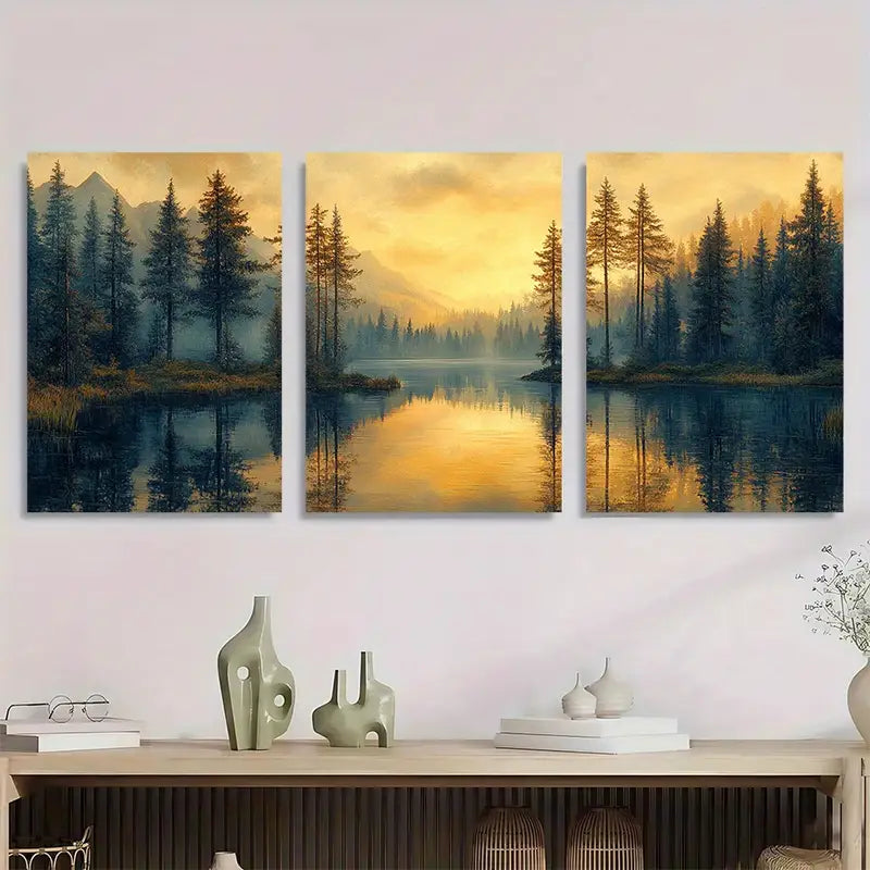 3pcs Pine Forest & Twilight Lake Reflection Metal Print Ready to Hang Art