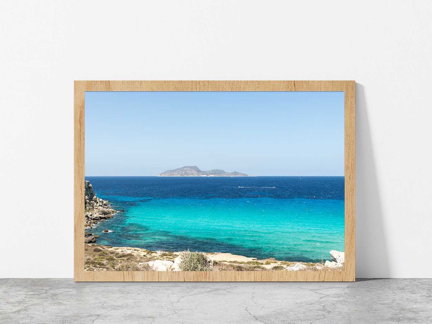 Favignana Island Beach With Ocean Glass Framed Wall Art, Ready to Hang Quality Print Without White Border Oak