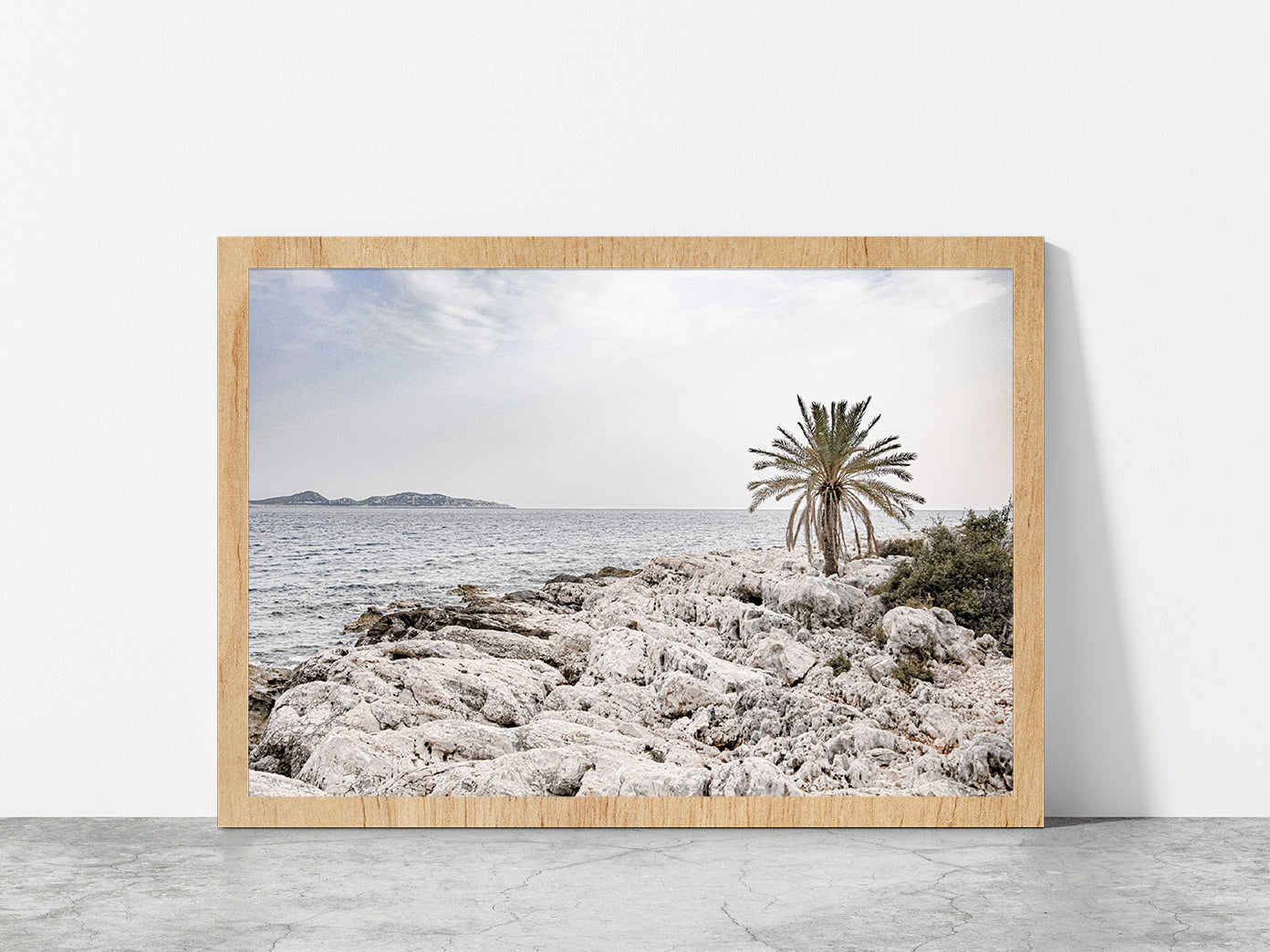 Tree on Rocks near Sea Faded Photograph Glass Framed Wall Art, Ready to Hang Quality Print Without White Border Oak