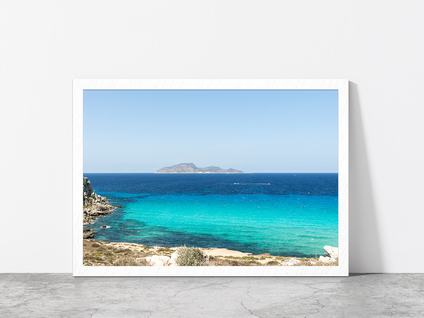 Favignana Island Beach With Ocean Glass Framed Wall Art, Ready to Hang Quality Print Without White Border White