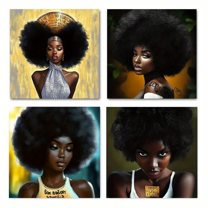 4pcs Black Queen Portraits With Empowering Words Wall Art Canvas Framed - Bella Home Decor