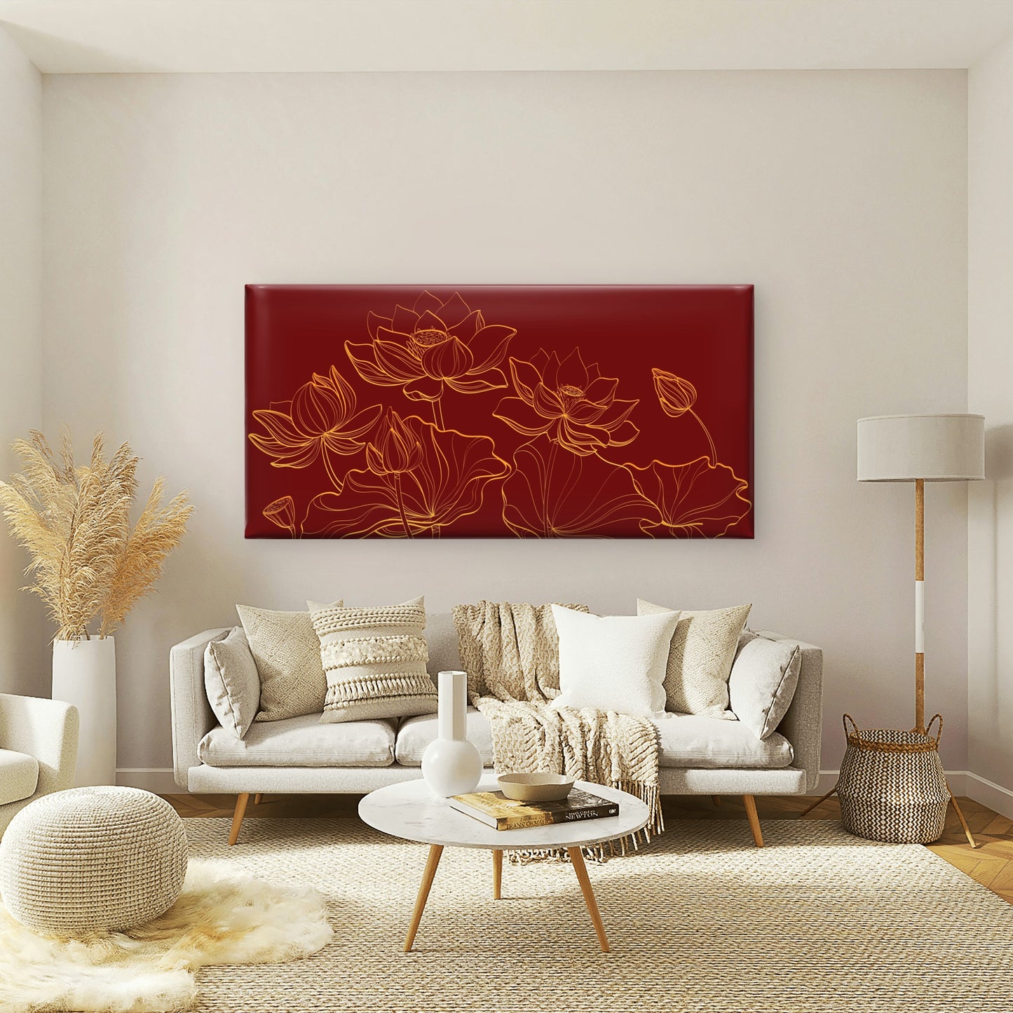 Red Maroon Gold Lotus Flower Wall Art Canvas Office Home Room Framed 120x60cm