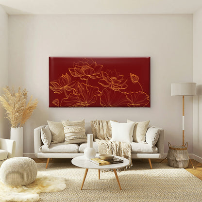 Red Maroon Gold Lotus Flower Wall Art Canvas Office Home Room Framed 120x60cm