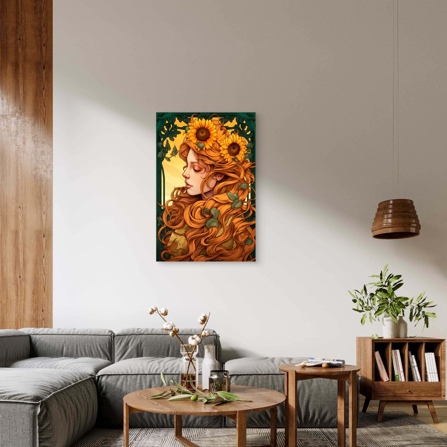 Nouveau Sunflower Woman Red Hair 40x60cm Metal Print Ready to Hang