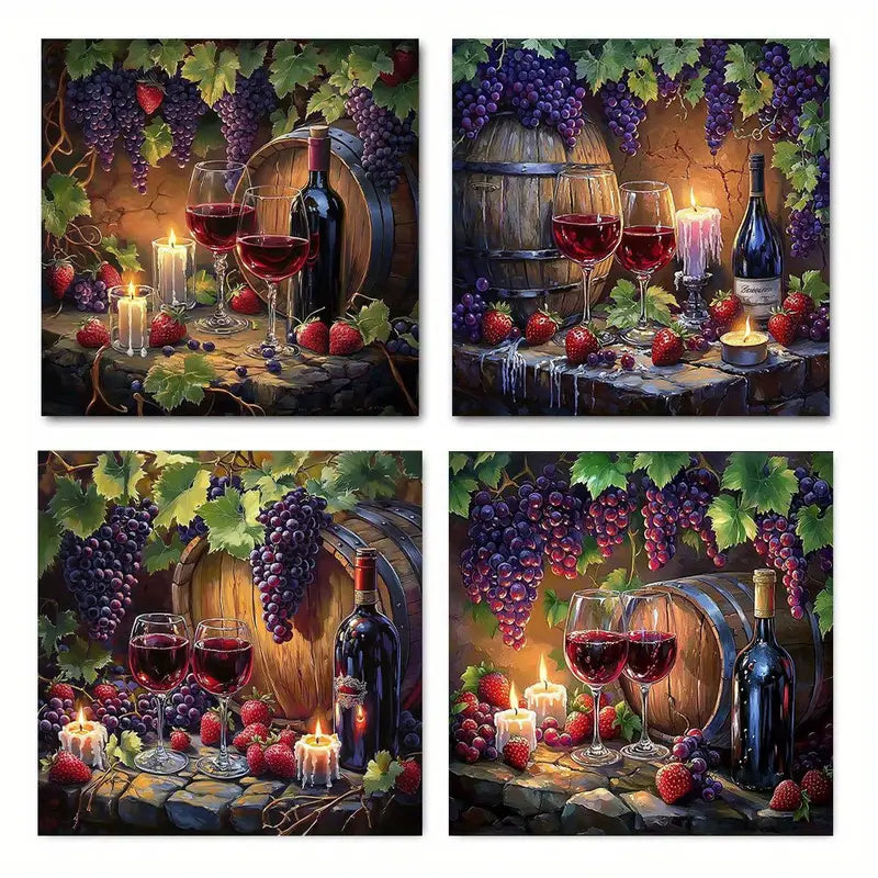 4pcs Elegant Red Wine & Grape  EE Wall Art Canvas Framed