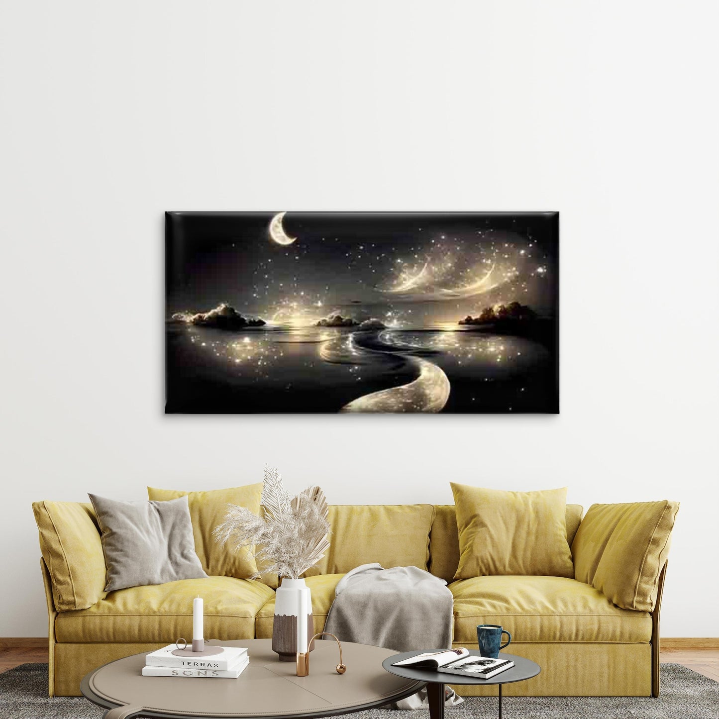 Moonlit Path Through Starry Wall Art Canvas Office Home Room Framed 120x60cm