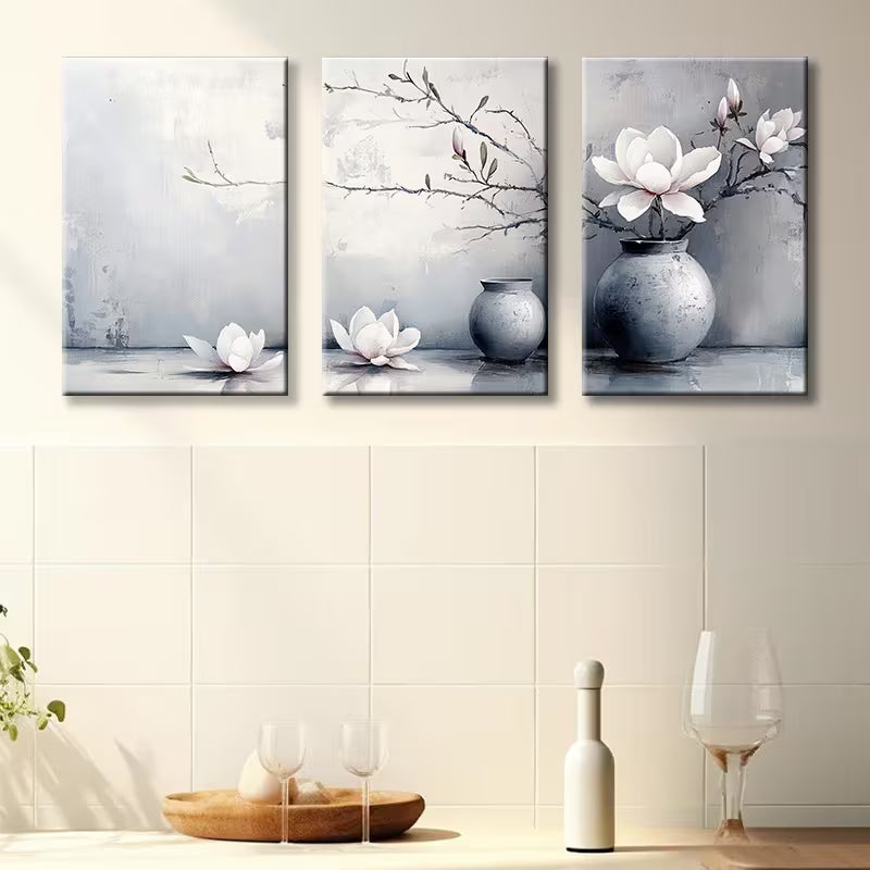 3pcs Magnolia flowers and Vases Wall Art Set Canvas Framed 40x60cm - High Quality Print 100% Australian Made Wall Canvas Ready to Hang