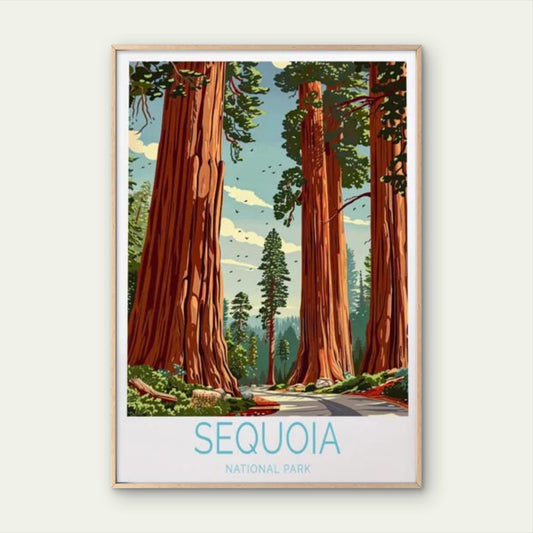 Sequoia National Park Red Tree Painting Travel Poster Print Wall Art