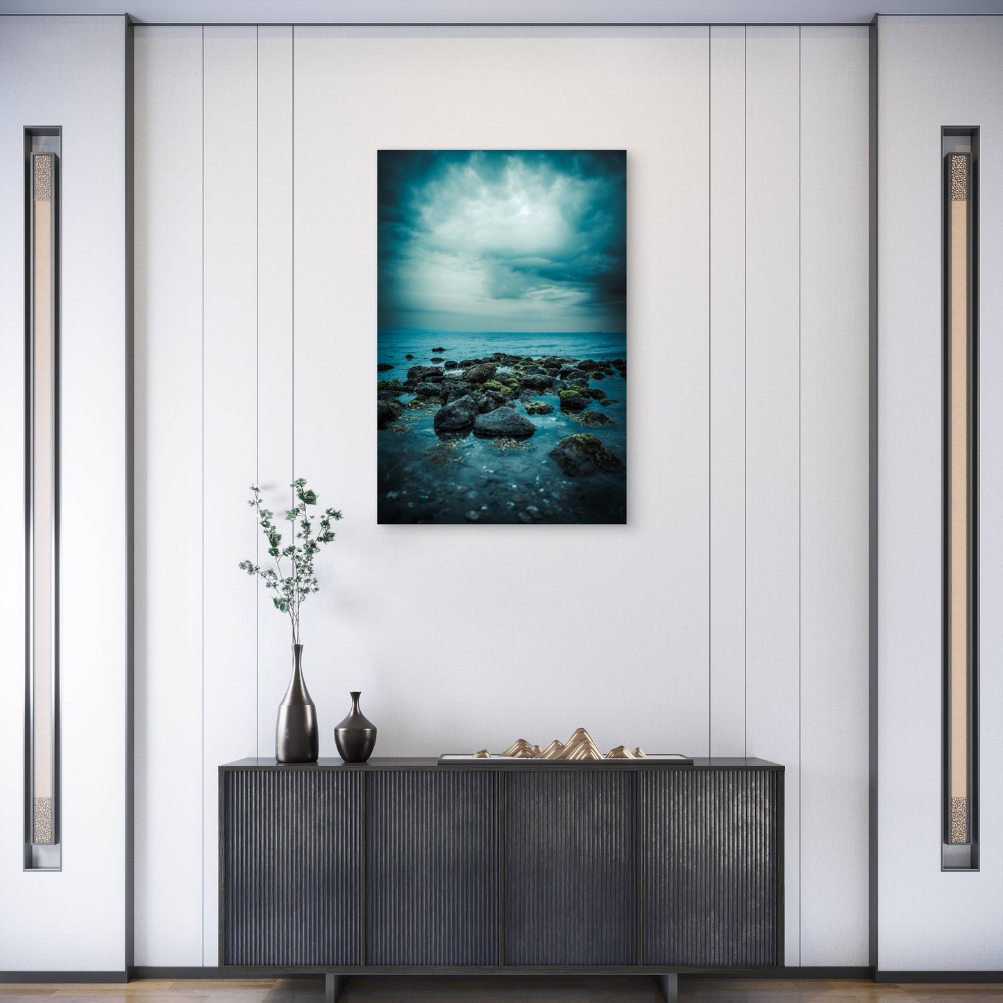 Dark Moody Ocean Stormy Sky Mossy Rock 40x60cm Metal Print Ready to Hang