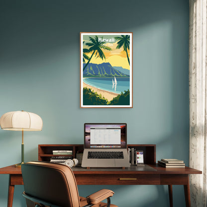 Hawaii Retro Tropical Beach Sailboat Sunset Travel Poster Print Wall Art