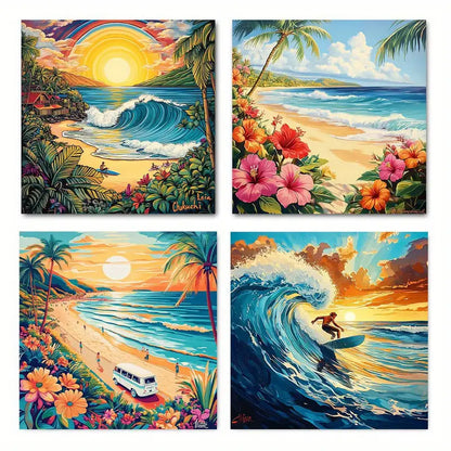 4pcs Surfing Beach Surfing Lifestyle Wall Art Canvas Framed