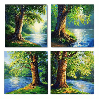 4pcs Peaceful Sunny Forest & Tranquil River  Wall Art Canvas Framed