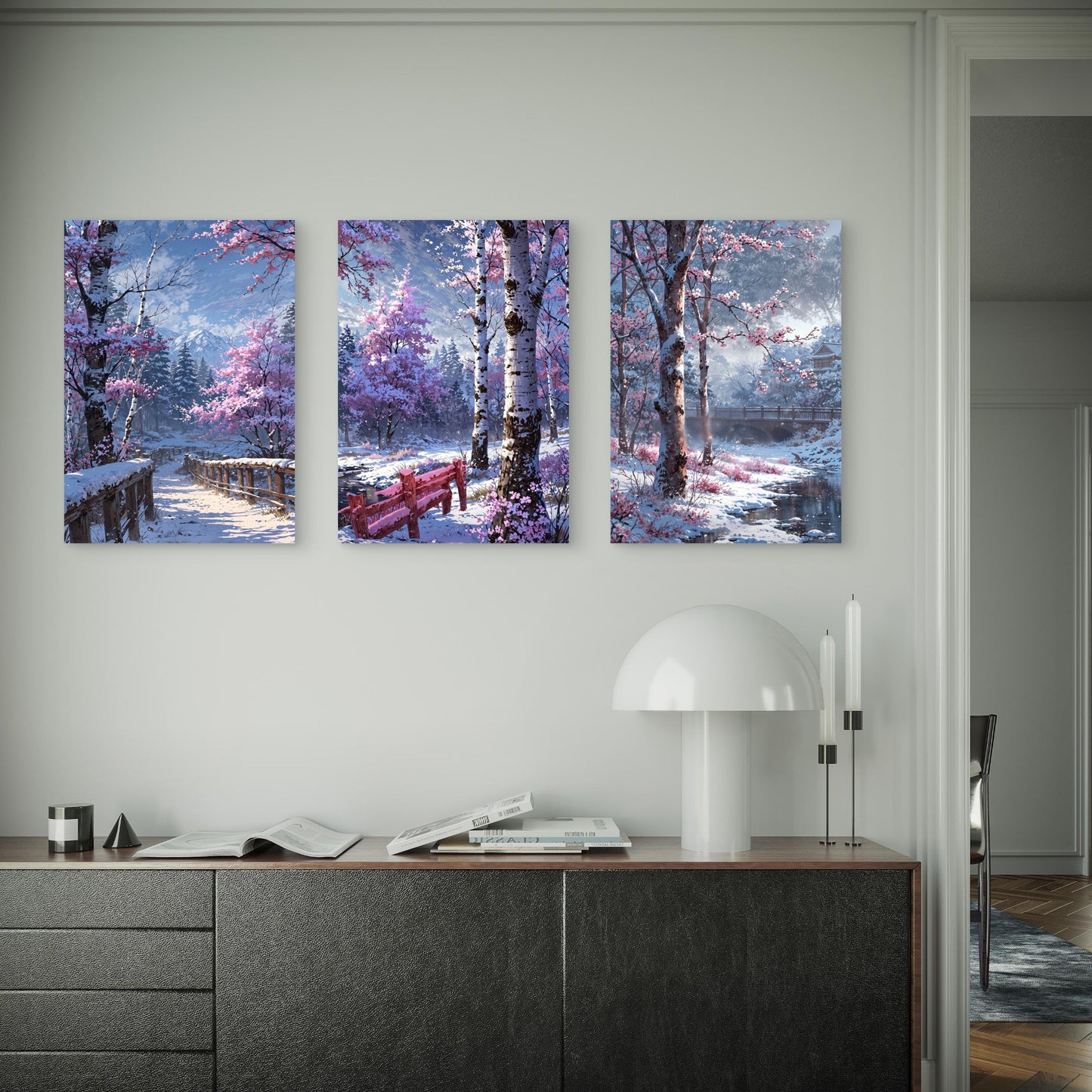 3pcs Winter Snow Cherry Blossom Bridge Landscape Wall Art Set Canvas Framed 40x60cm - High Quality Print 100% Australian Made Wall Canvas Ready to Hang