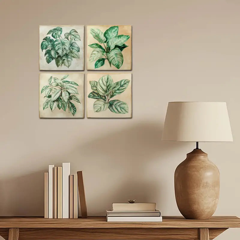 4pcs Green Leaves Decor Wall Art Canvas Framed - Bella Home Decor