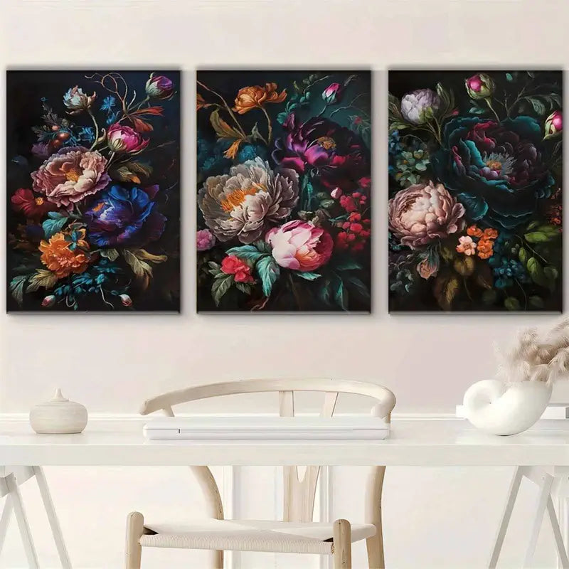 3pcs Dark Green & Multicolor Large Peony Panels Metal Print Ready to Hang Art - Bella Home Decor