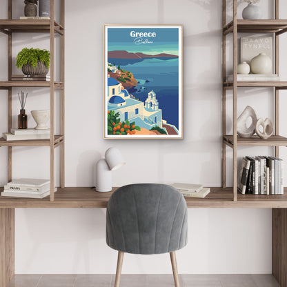 Greece Balkans Santorini Blue Dome Church Travel Poster Print Wall Art