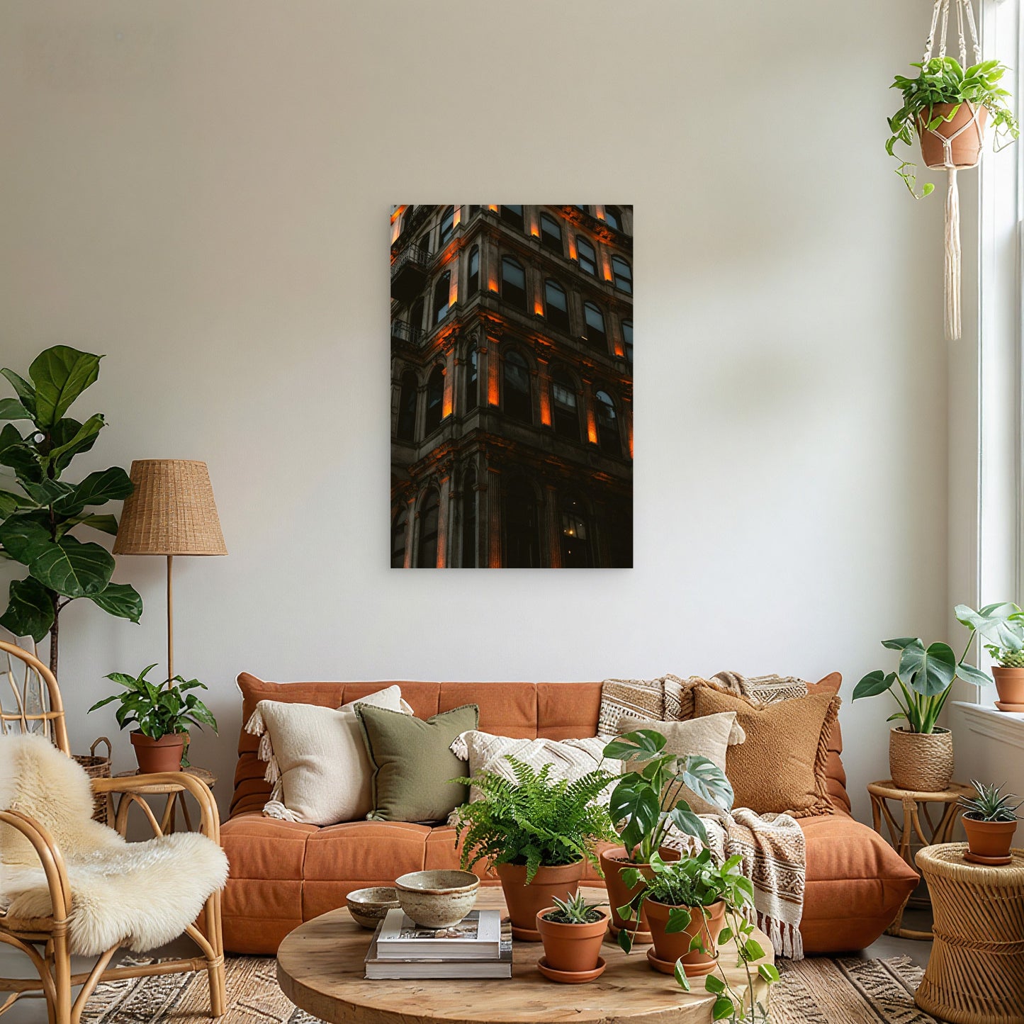 Ornate Building Corner with Warm Orange Lighting 40x60cm Metal Print Ready to Hang