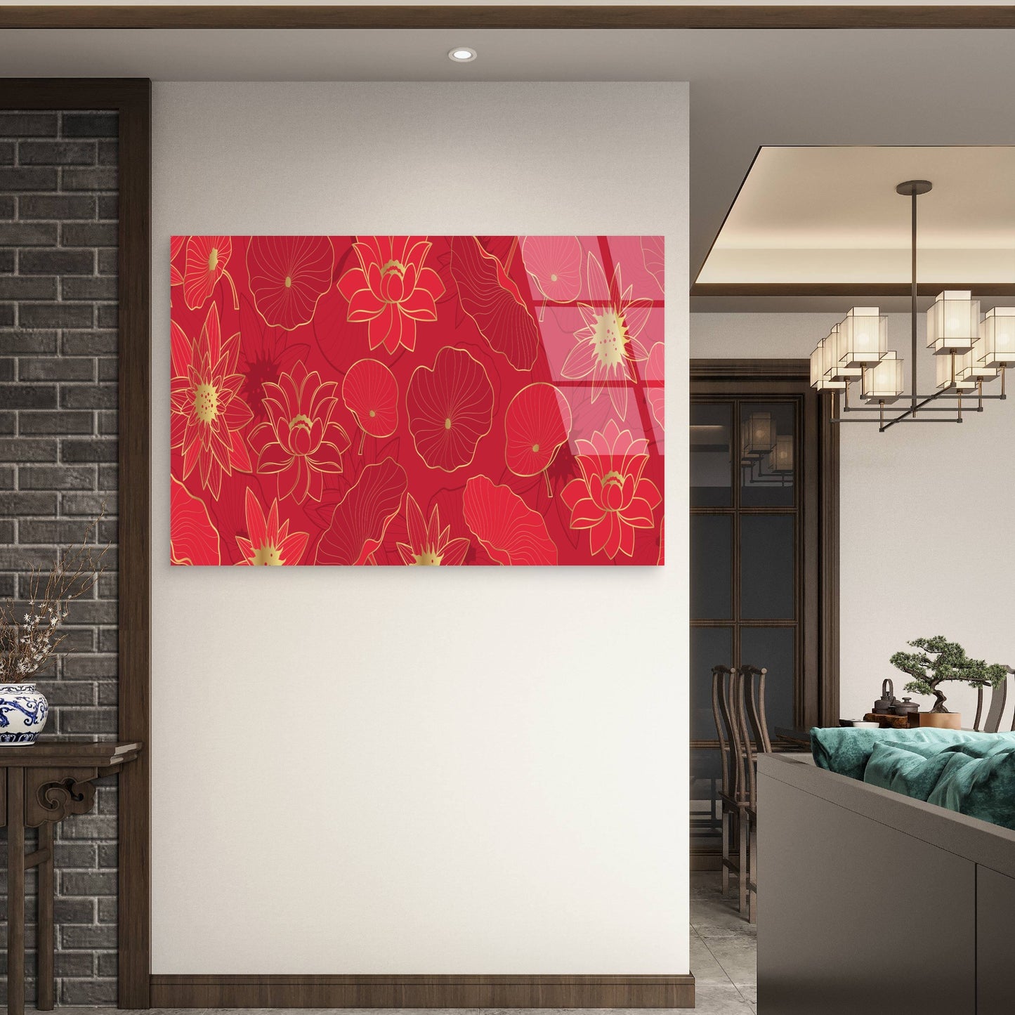 Abstract Red & Gold Lotus Flower Pattern  Acrylic Glass Printing Wall Art Australian Made Quality