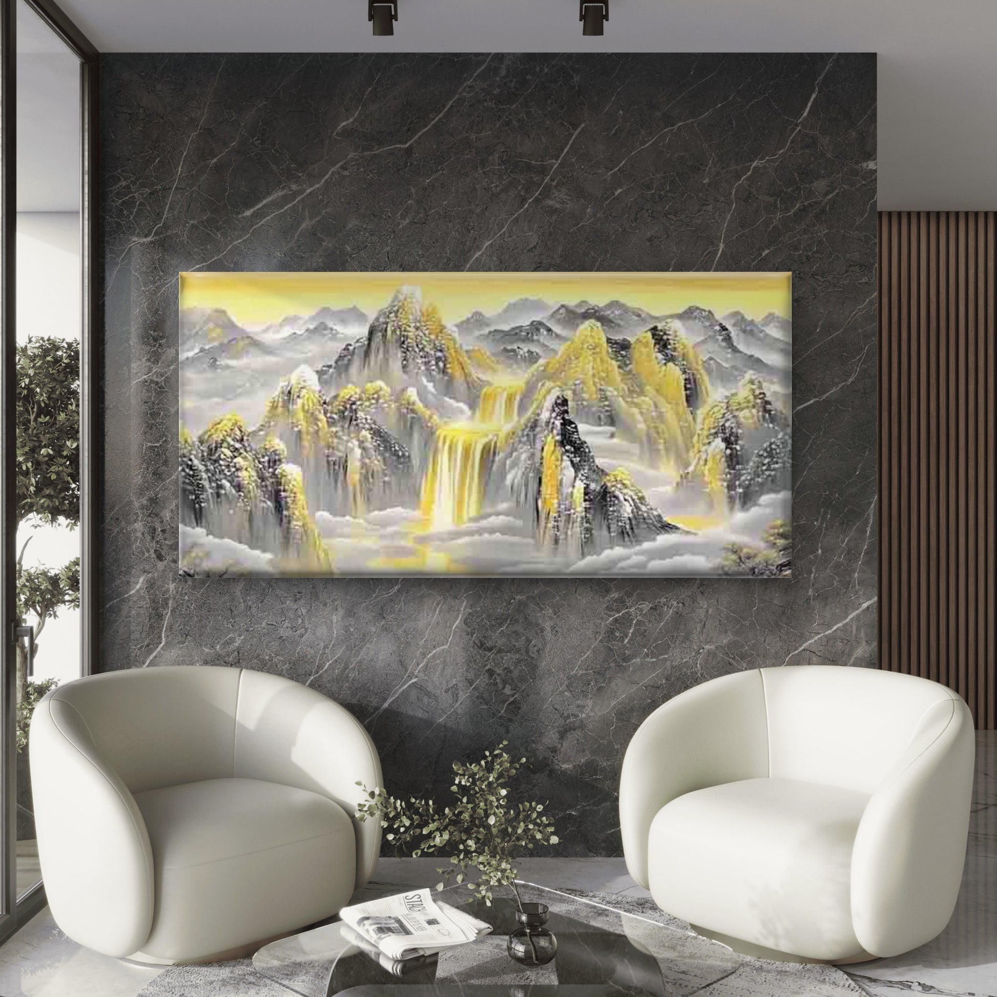 Golden Mountain Scene Wall Art Canvas Office Home Room Framed 120x60cm - Bella Home Decor