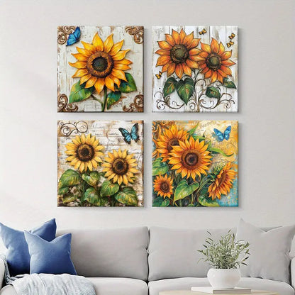 4pcs Square Wall Art, Sunflower Squar  Wall Art Canvas Framed