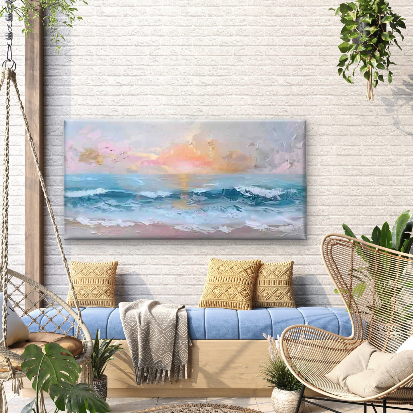 Sunset Beach Ocean Waves Wall Art Canvas Office Home Room Framed 120x60cm - Bella Home Decor