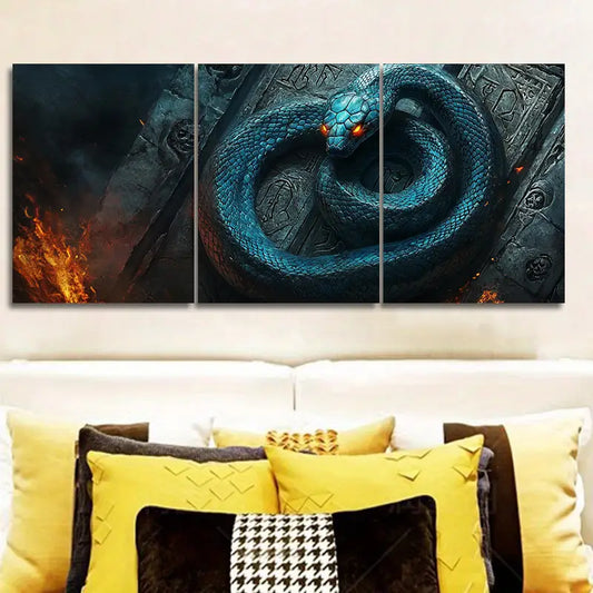 3pcs Mystical Blue Snake with Fiery Eyes on Fire Metal Print Ready to Hang Art