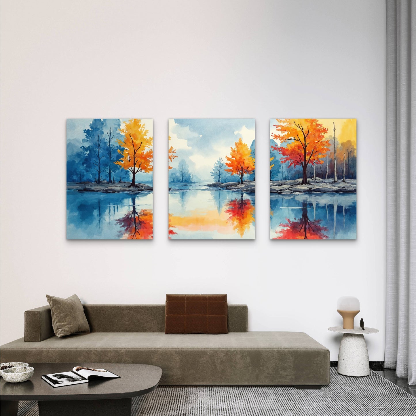 3pcs Watercolor Autumn Tree Lake Reflection Wall Art Set Canvas Framed 40x60cm - High Quality Print 100% Australian Made Wall Canvas Ready to Hang - Bella Home Decor