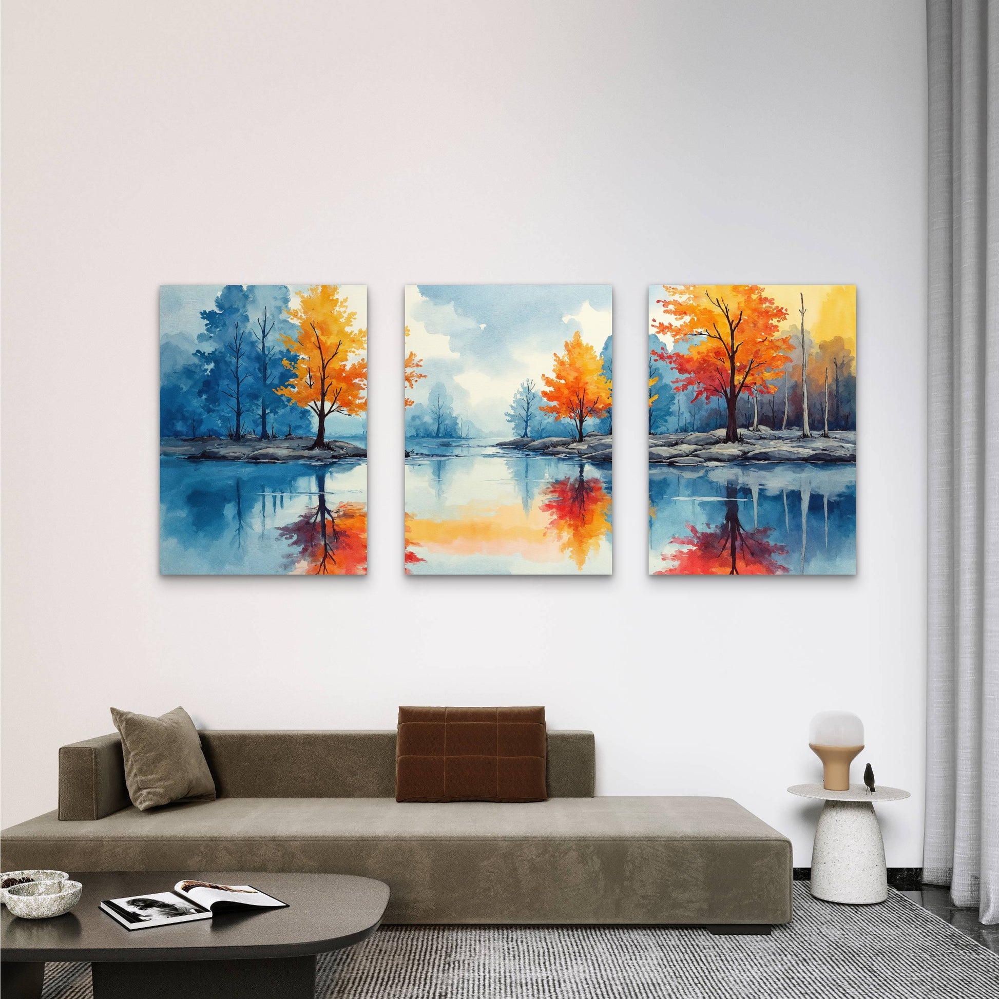 3pcs Watercolor Autumn Tree Lake Reflection Wall Art Set Canvas Framed 50x70cm - High Quality Print 100% Australian Made Wall Canvas Ready to Hang - Bella Home Decor