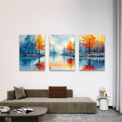 3pcs Watercolor Autumn Tree Lake Reflection Wall Art Set Canvas Framed 50x70cm - High Quality Print 100% Australian Made Wall Canvas Ready to Hang - Bella Home Decor