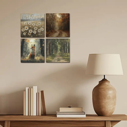 4pcs Fox With White Flowers, Forest Wall Art Canvas Framed