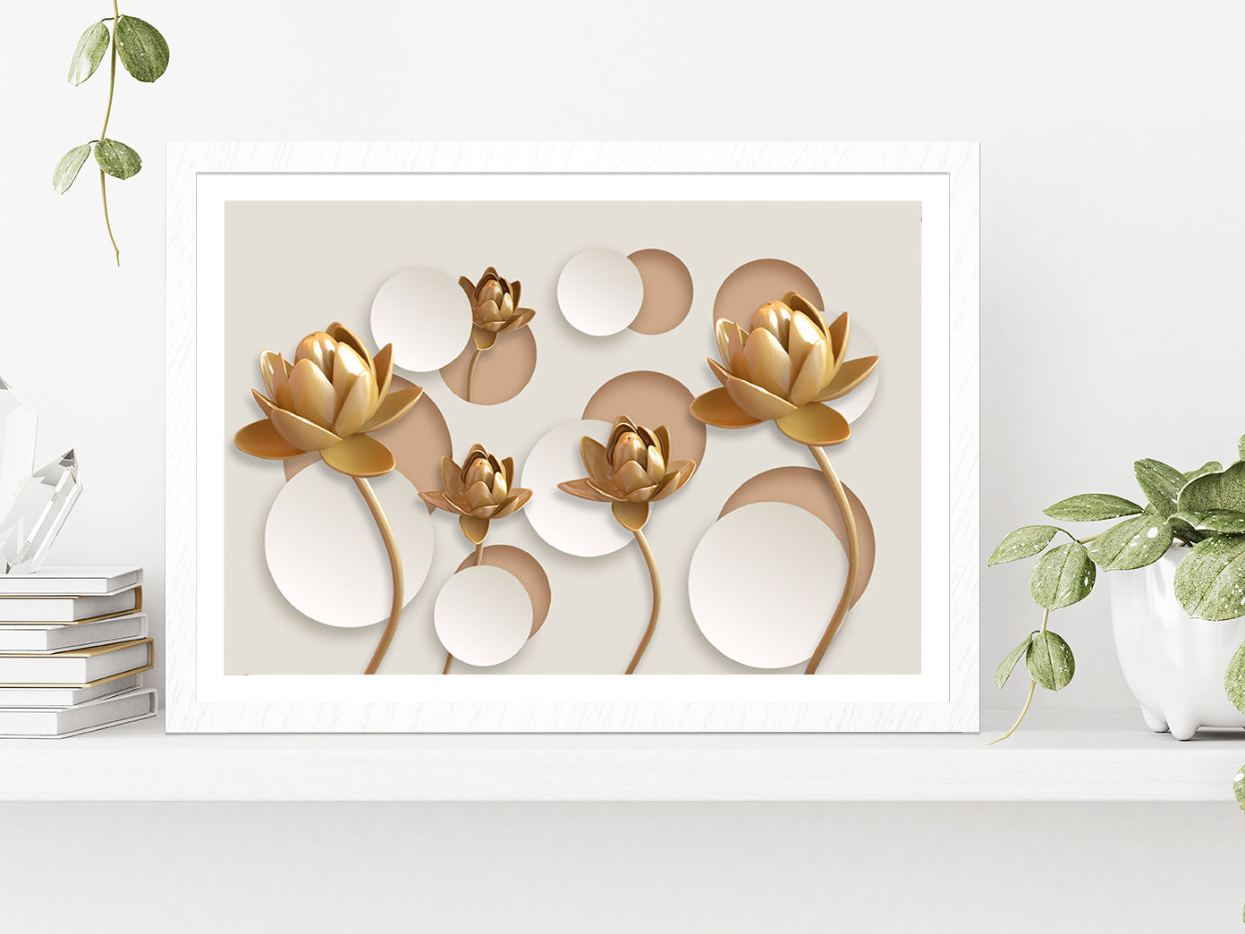 White & Gold 3D Floral Design Glass Framed Wall Art, Ready to Hang Quality Print With White Border White