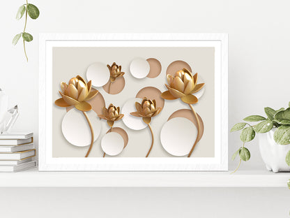 White & Gold 3D Floral Design Glass Framed Wall Art, Ready to Hang Quality Print With White Border White