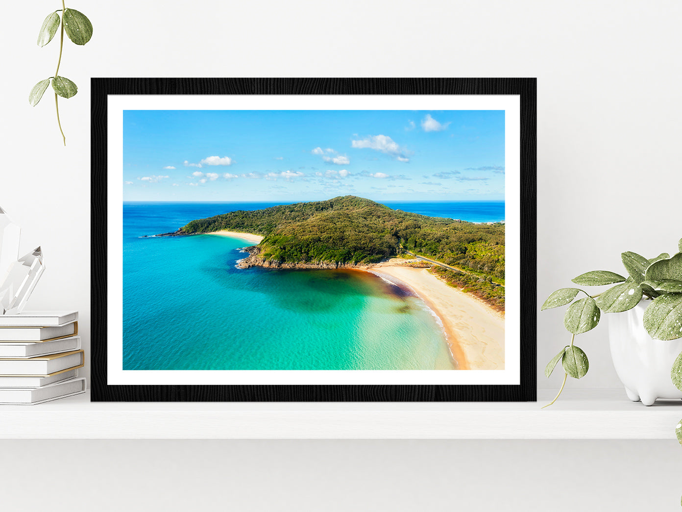 Elisabeth Beach With Forest & Sea Glass Framed Wall Art, Ready to Hang Quality Print With White Border Black