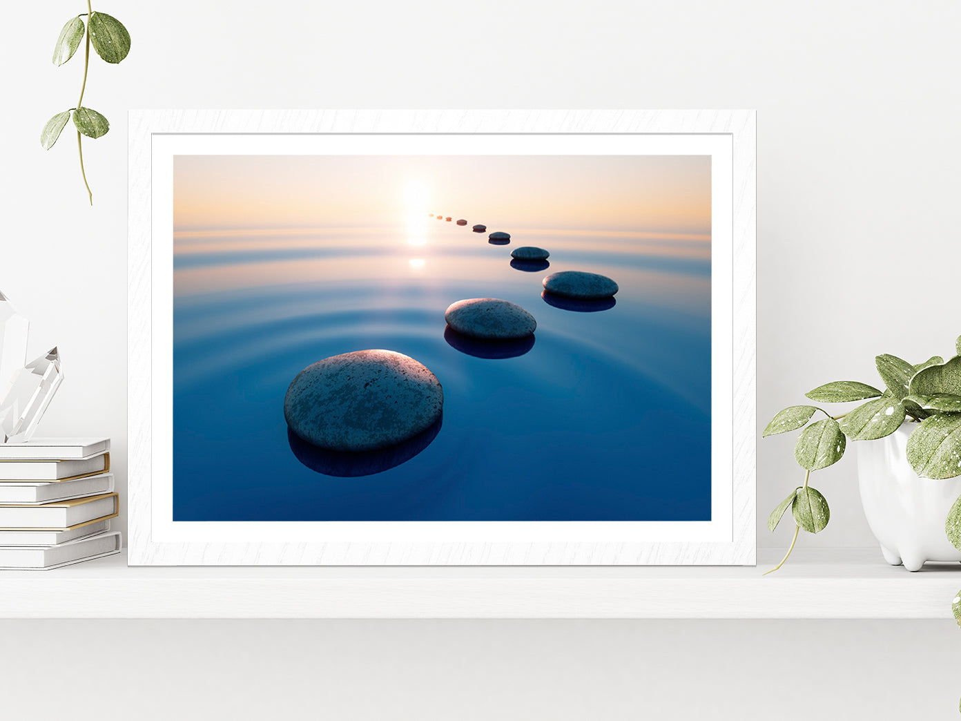 Row Of Stones In Ocean Calm Water Glass Framed Wall Art, Ready to Hang Quality Print With White Border White