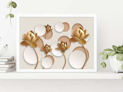 White & Gold 3D Floral Design Glass Framed Wall Art, Ready to Hang Quality Print Without White Border White