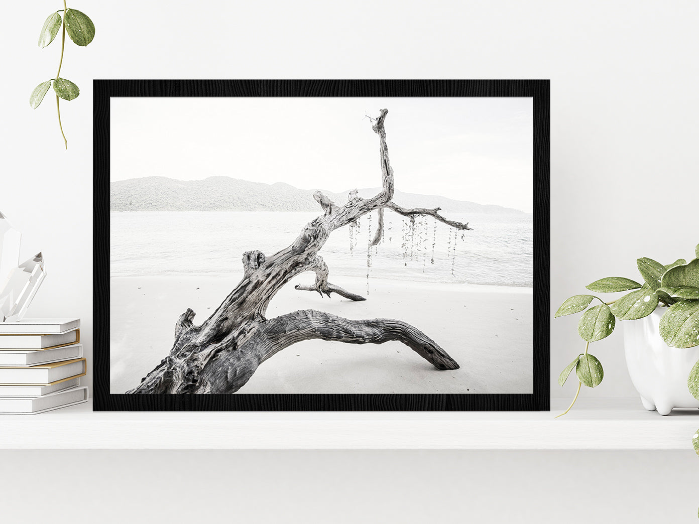 Tree Trunk Near Lake Faded Photograph Glass Framed Wall Art, Ready to Hang Quality Print Without White Border Black