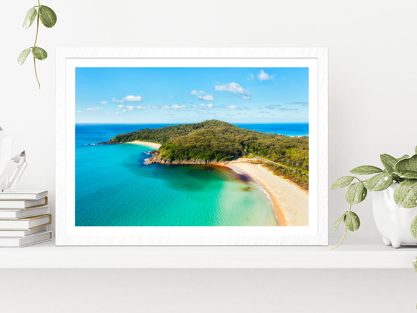 Elisabeth Beach With Forest & Sea Glass Framed Wall Art, Ready to Hang Quality Print With White Border White