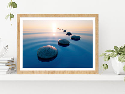 Row Of Stones In Ocean Calm Water Glass Framed Wall Art, Ready to Hang Quality Print With White Border Oak