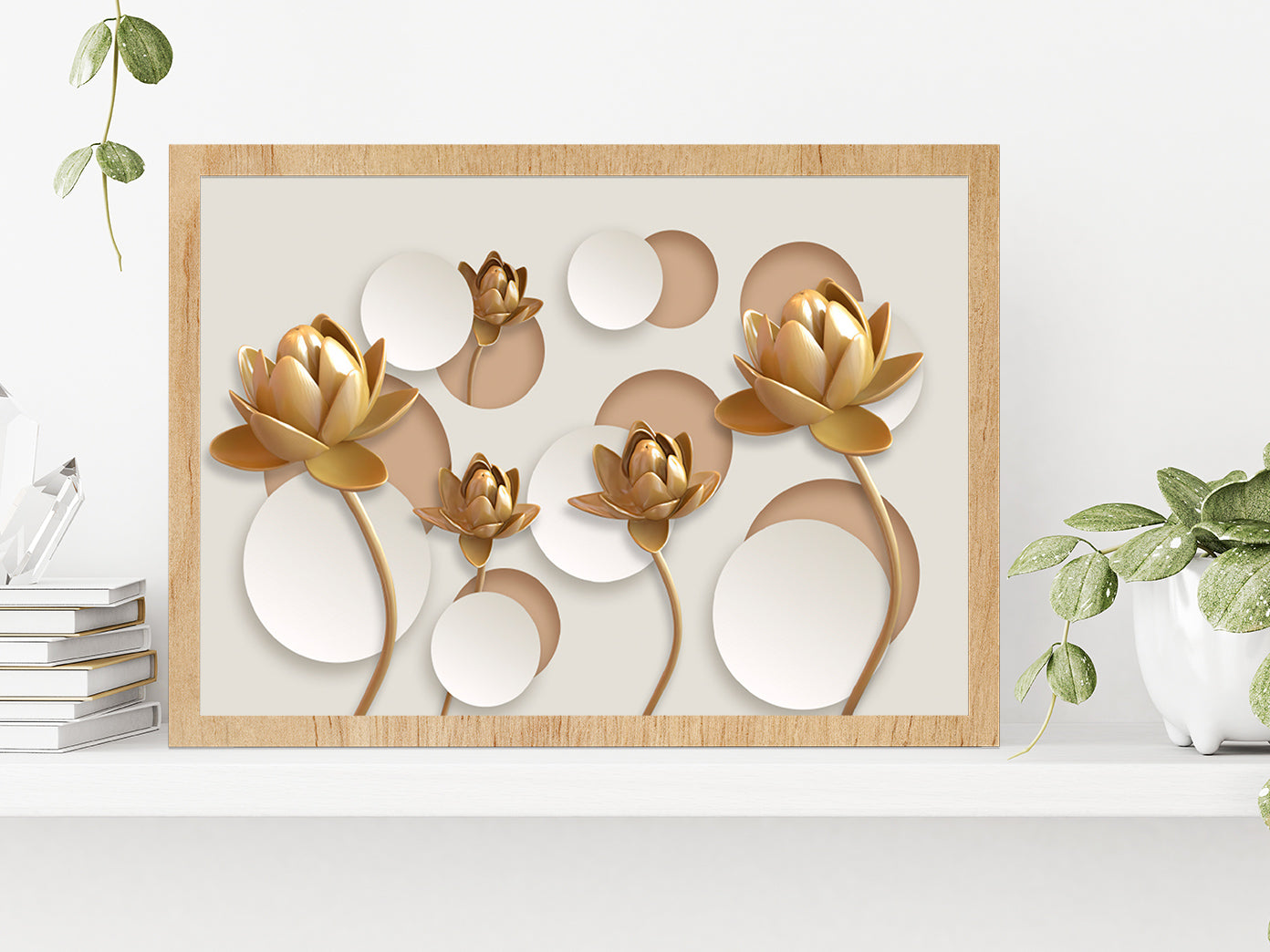 White & Gold 3D Floral Design Glass Framed Wall Art, Ready to Hang Quality Print Without White Border Oak