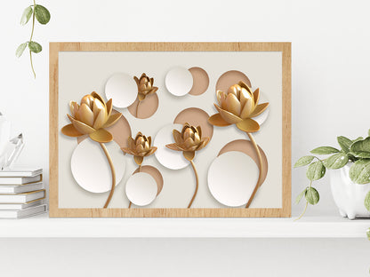 White & Gold 3D Floral Design Glass Framed Wall Art, Ready to Hang Quality Print Without White Border Oak