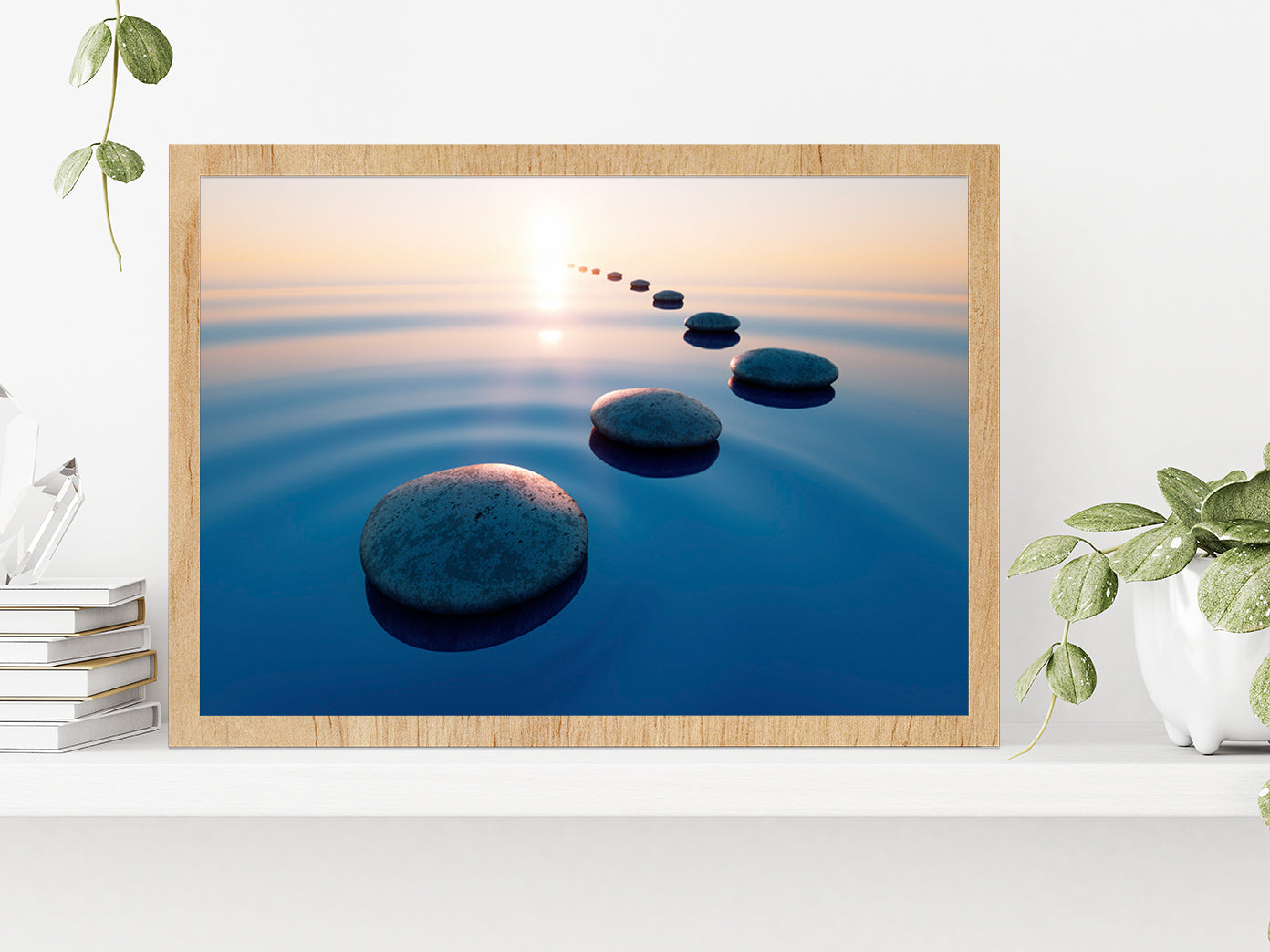 Row Of Stones In Ocean Calm Water Glass Framed Wall Art, Ready to Hang Quality Print Without White Border Oak