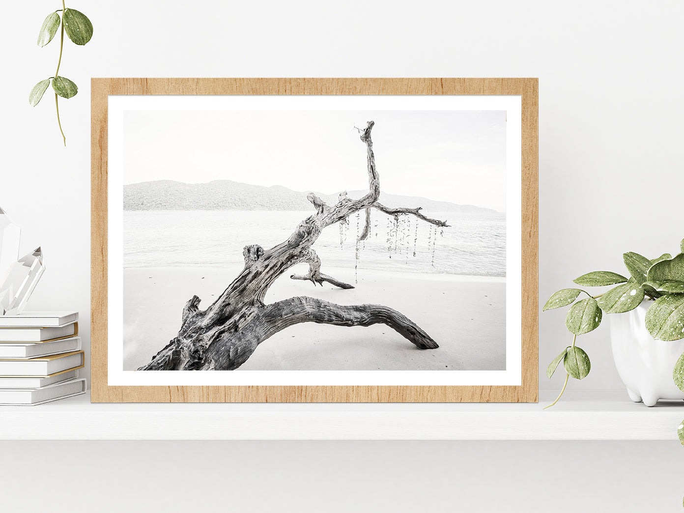 Tree Trunk Near Lake Faded Photograph Glass Framed Wall Art, Ready to Hang Quality Print With White Border Oak